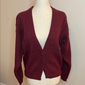 Mary Flaherty Irish Lambswool Cardigan Wine 100% Wool Made in Ireland M